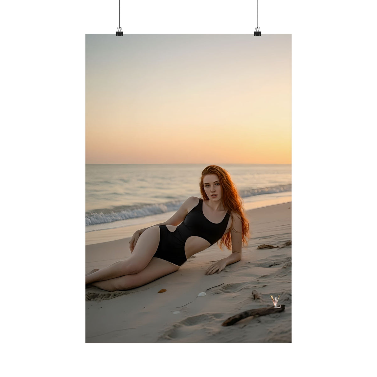 Evie Belle at Sunset - Beach Art Print | Vellum Lustre Models Poster | Elegant Swimwear Wall Decor