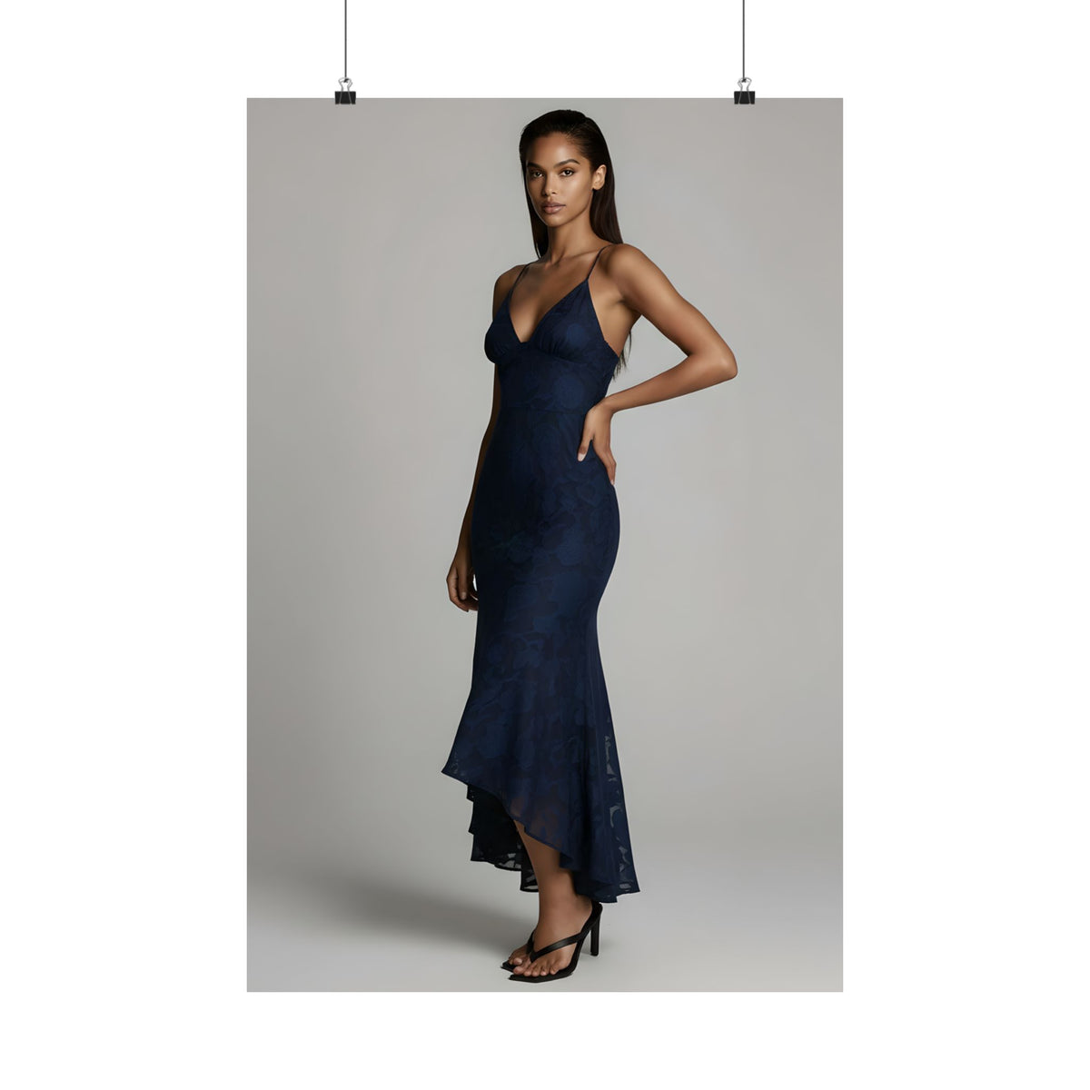 Nyara Solene Navy Lace Dress Poster | Elegant Evening Fashion Wall Art