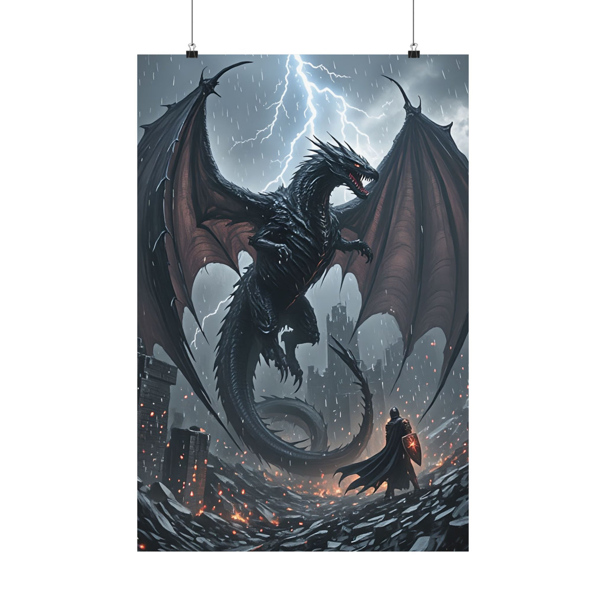 Blackstorm Dragon vs. Lone Knight - Dark Fantasy Epic Battle Art Print