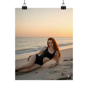 Evie Belle at Sunset - Beach Art Print | Vellum Lustre Models Poster | Elegant Swimwear Wall Decor