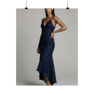 Nyara Solene Navy Lace Dress Poster | Elegant Evening Fashion Wall Art