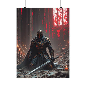 Dark Fantasy Knight Poster - Fallen Warrior in Ruined Cathedral, Medieval Gothic Wall Art
