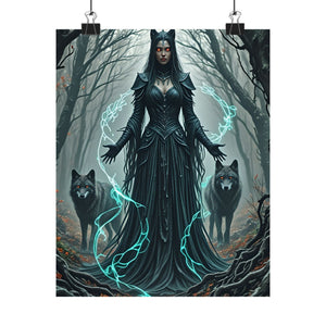 Dark Enchantress with Wolves - Gothic Forest Sorceress Art Print, Fantasy Witch Wall Decor