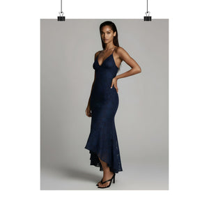 Nyara Solene Navy Lace Dress Poster | Elegant Evening Fashion Wall Art