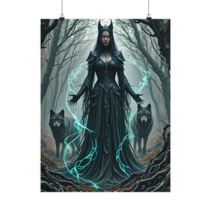 Dark Enchantress with Wolves - Gothic Forest Sorceress Art Print, Fantasy Witch Wall Decor