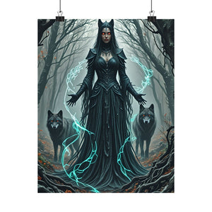 Dark Enchantress with Wolves - Gothic Forest Sorceress Art Print, Fantasy Witch Wall Decor