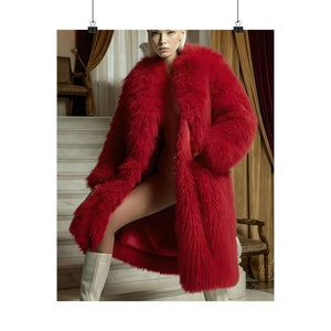 Seraphine Vale in Crimson Luxury Coat - Elegant Fashion Art Poster | Vellum Lustre Models | High-End AI Artwork