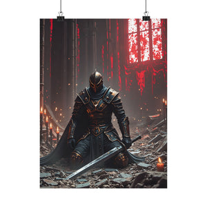 Dark Fantasy Knight Poster - Fallen Warrior in Ruined Cathedral, Medieval Gothic Wall Art