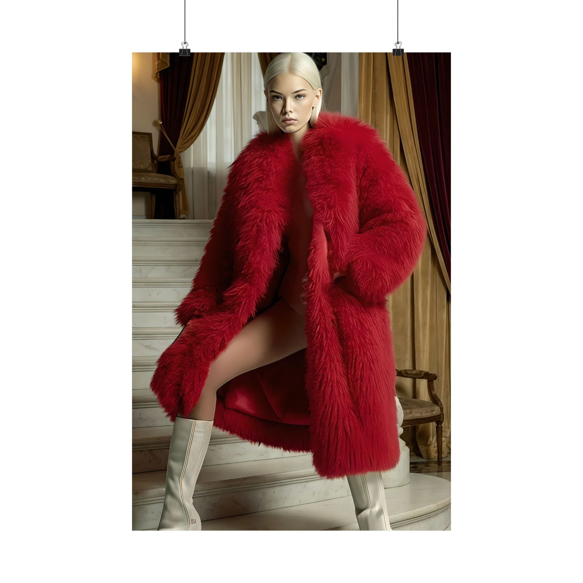 Seraphine Vale in Crimson Luxury Coat - Elegant Fashion Art Poster | Vellum Lustre Models | High-End AI Artwork