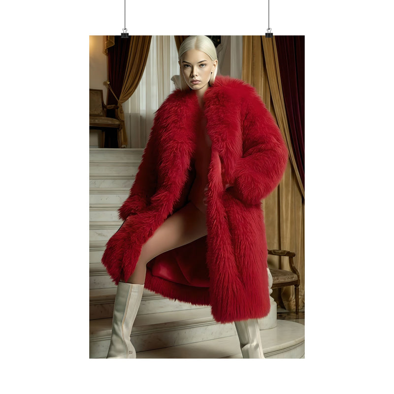 Seraphine Vale in Crimson Luxury Coat - Elegant Fashion Art Poster | Vellum Lustre Models | High-End AI Artwork