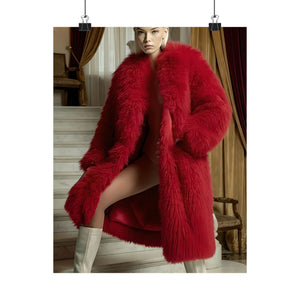 Seraphine Vale in Crimson Luxury Coat - Elegant Fashion Art Poster | Vellum Lustre Models | High-End AI Artwork