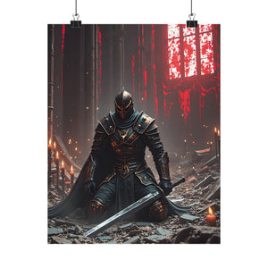 Dark Fantasy Knight Poster - Fallen Warrior in Ruined Cathedral, Medieval Gothic Wall Art