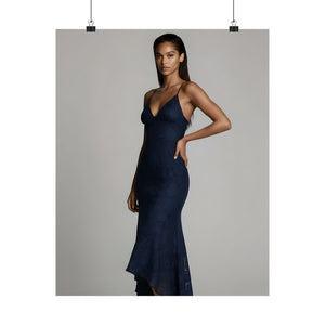 Elegant Navy Lace Midi Dress - Asymmetrical Hem Evening Dress - Romantic Formal Look - Modeled by Nyara Solene