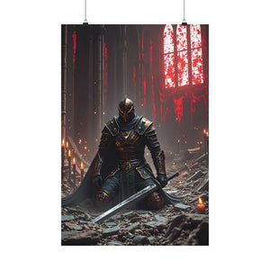 Dark Fantasy Knight Poster - Fallen Warrior in Ruined Cathedral, Medieval Gothic Wall Art