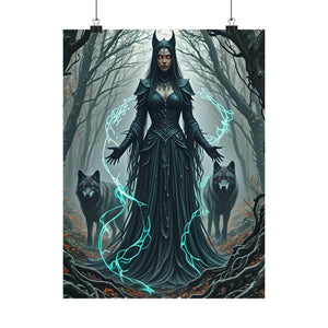 Dark Enchantress with Wolves - Gothic Forest Sorceress Art Print, Fantasy Witch Wall Decor