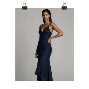 Elegant Navy Lace Midi Dress - Asymmetrical Hem Evening Dress - Romantic Formal Look - Modeled by Nyara Solene