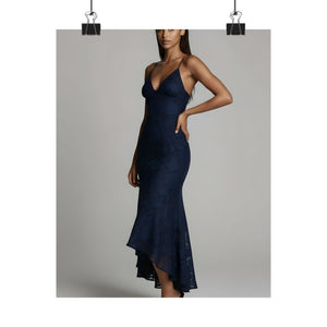 Nyara Solene Navy Lace Dress Poster | Elegant Evening Fashion Wall Art