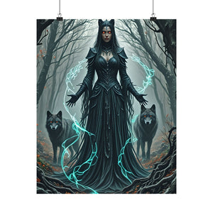 Dark Enchantress with Wolves - Gothic Forest Sorceress Art Print, Fantasy Witch Wall Decor