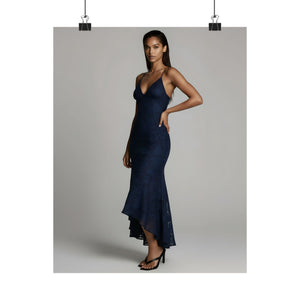 Nyara Solene Navy Lace Dress Poster | Elegant Evening Fashion Wall Art