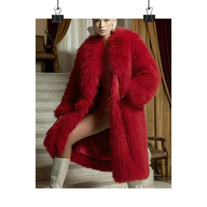 Seraphine Vale in Crimson Luxury Coat - Elegant Fashion Art Poster | Vellum Lustre Models | High-End AI Artwork