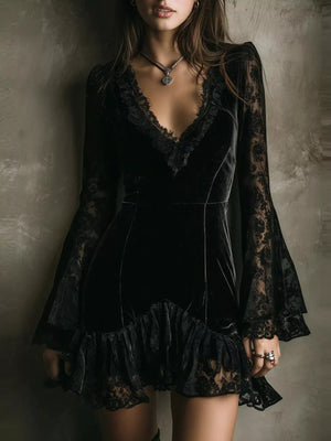 Black Velvet Lace Trim V-Neck Mini Dress front view