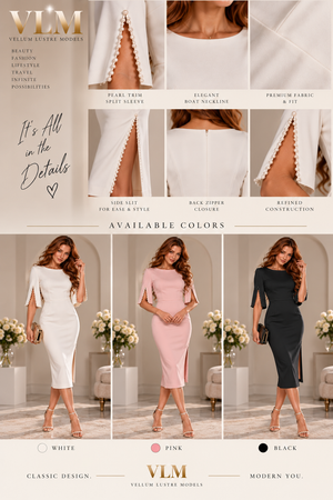VLM detail views and white, pink and black variants of the Slim-Fit Elegant Midi Dress with Beaded Slit Sleeve
