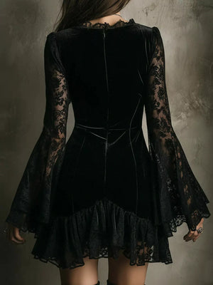 Black Velvet Lace Trim V-Neck Mini Dress detail view