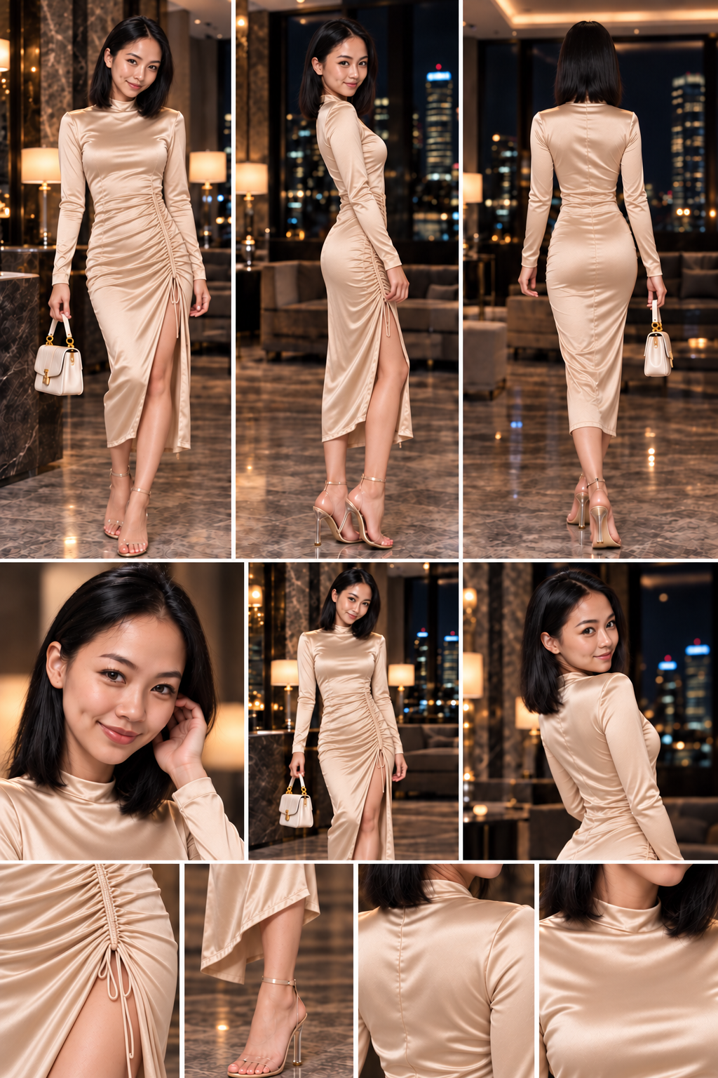 Moon modeling The Moon Champagne Satin Midi Dress for Vellum Lustre Models