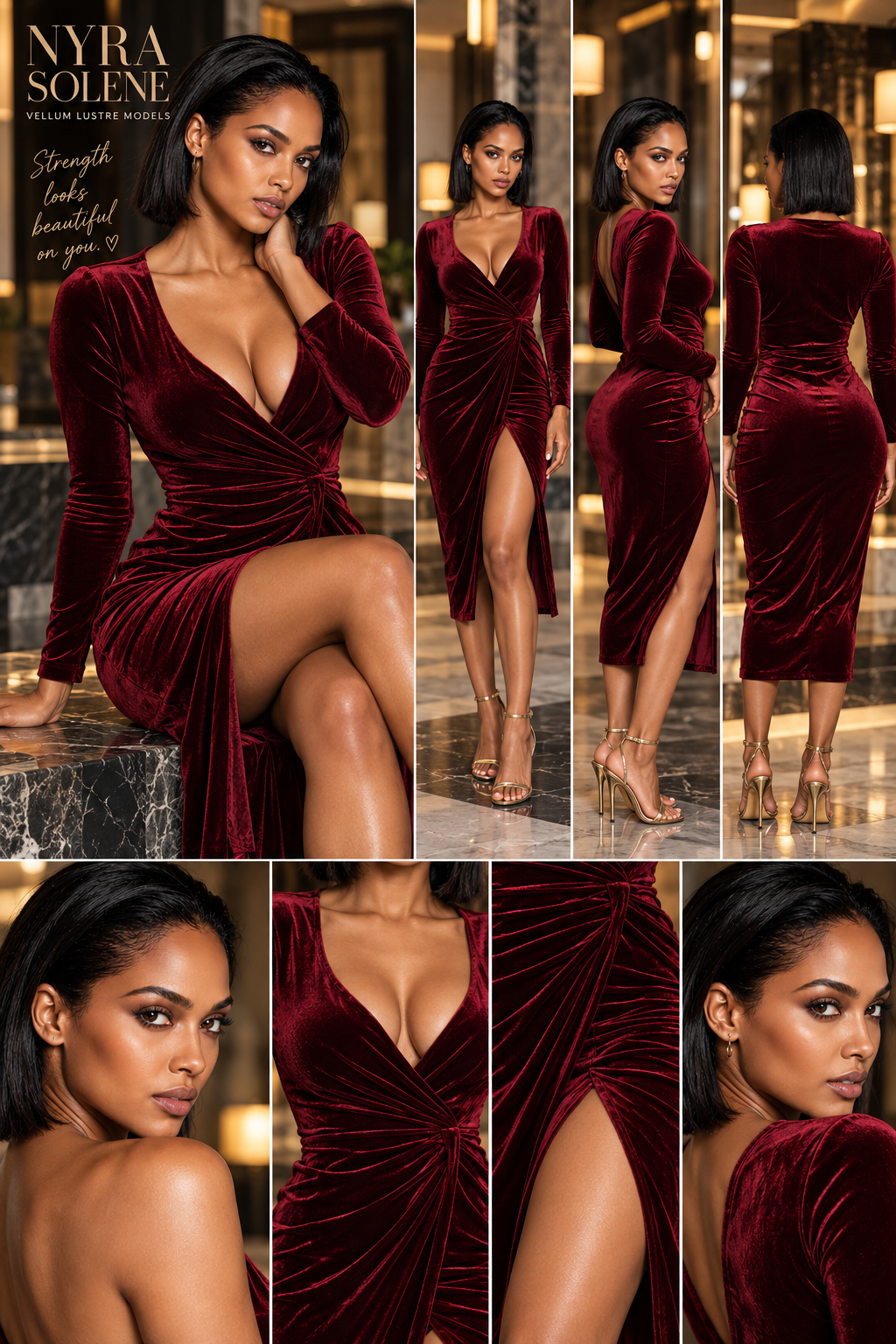 Nyra Solene modeling The Nyra Wine Velvet Wrap Midi Dress for Vellum Lustre Models