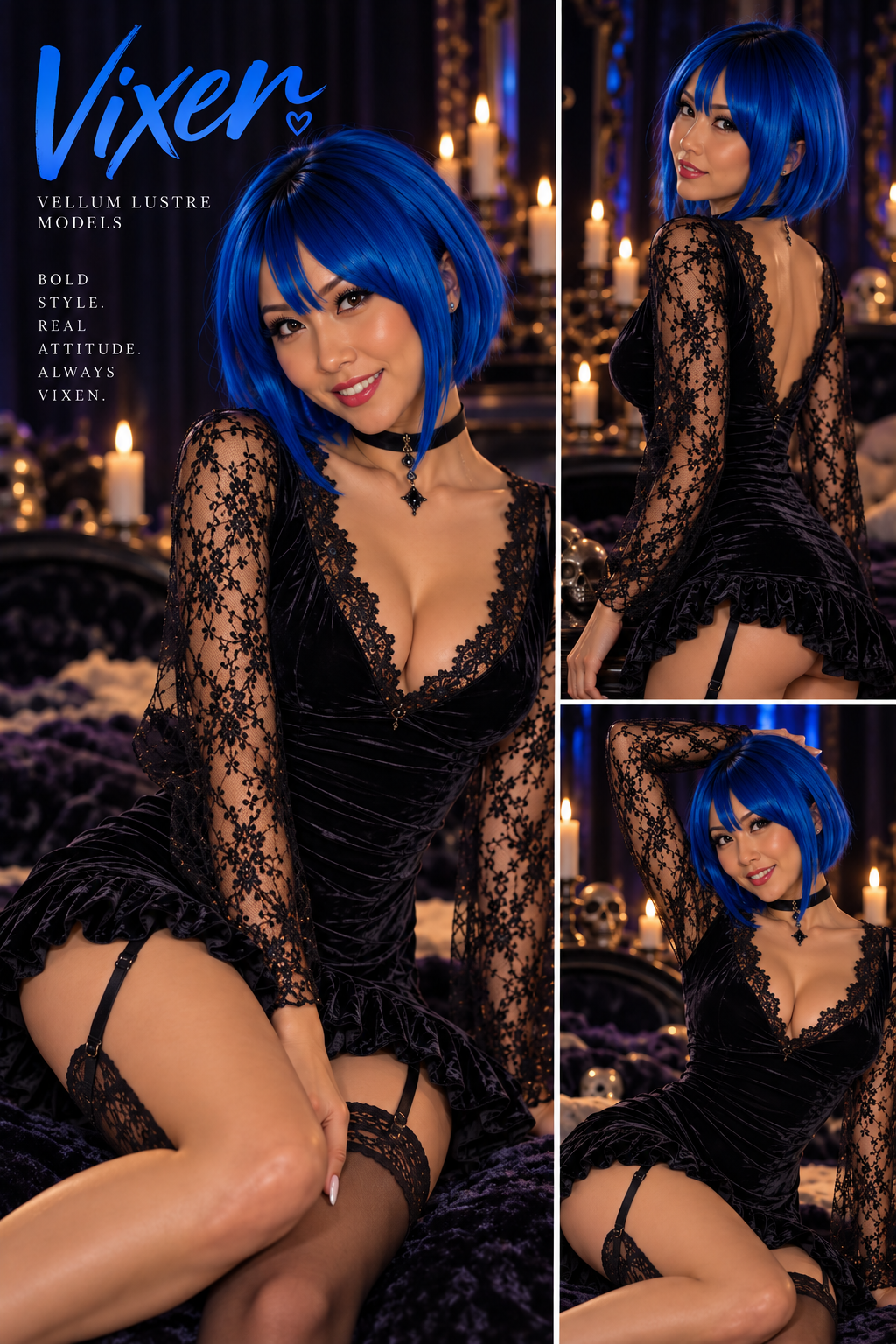Vixen modeling the Velvet Lace Trim V-Neck Mini Dress for Vellum Lustre Models
